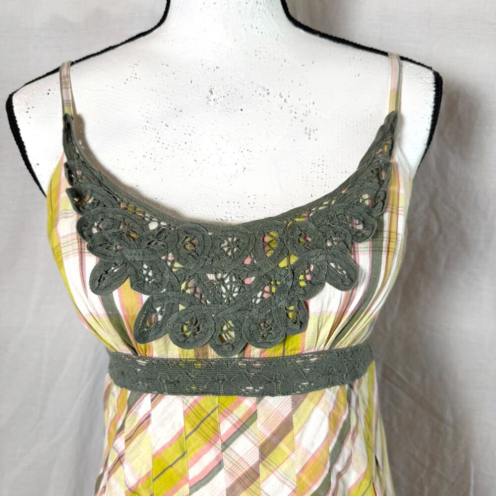 Vintage Zinc Strapless Midi Dress Sz L Pink Green Plaid Embroidered Cottage 90s